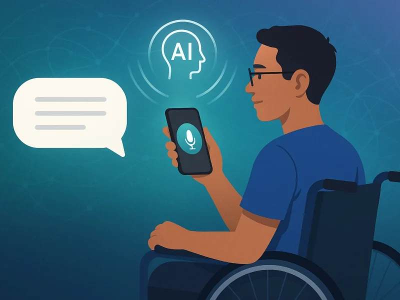 Persona in sedia a rotelle usa assistente vocale con IA