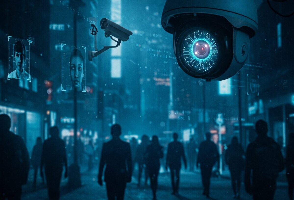Intelligenza artificiale e sorveglianza: simboli di controllo e protezione