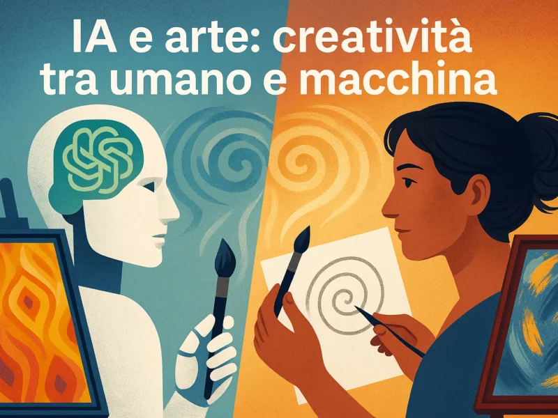 IA e artista umano dipingono su sfondi opposti, tenendo un pennello