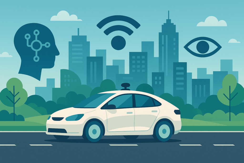 Auto a guida autonoma in una città intelligente con simboli di intelligenza artificiale