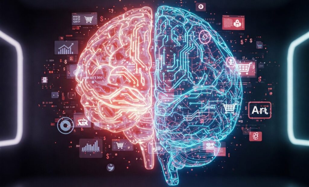 Intelligenza artificiale e neuromarketing: simboli di cervello e dati digitali