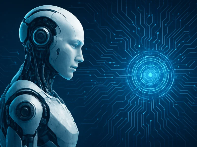 Robot umanoide analizza uno spazio digitale futuristico orizzontale