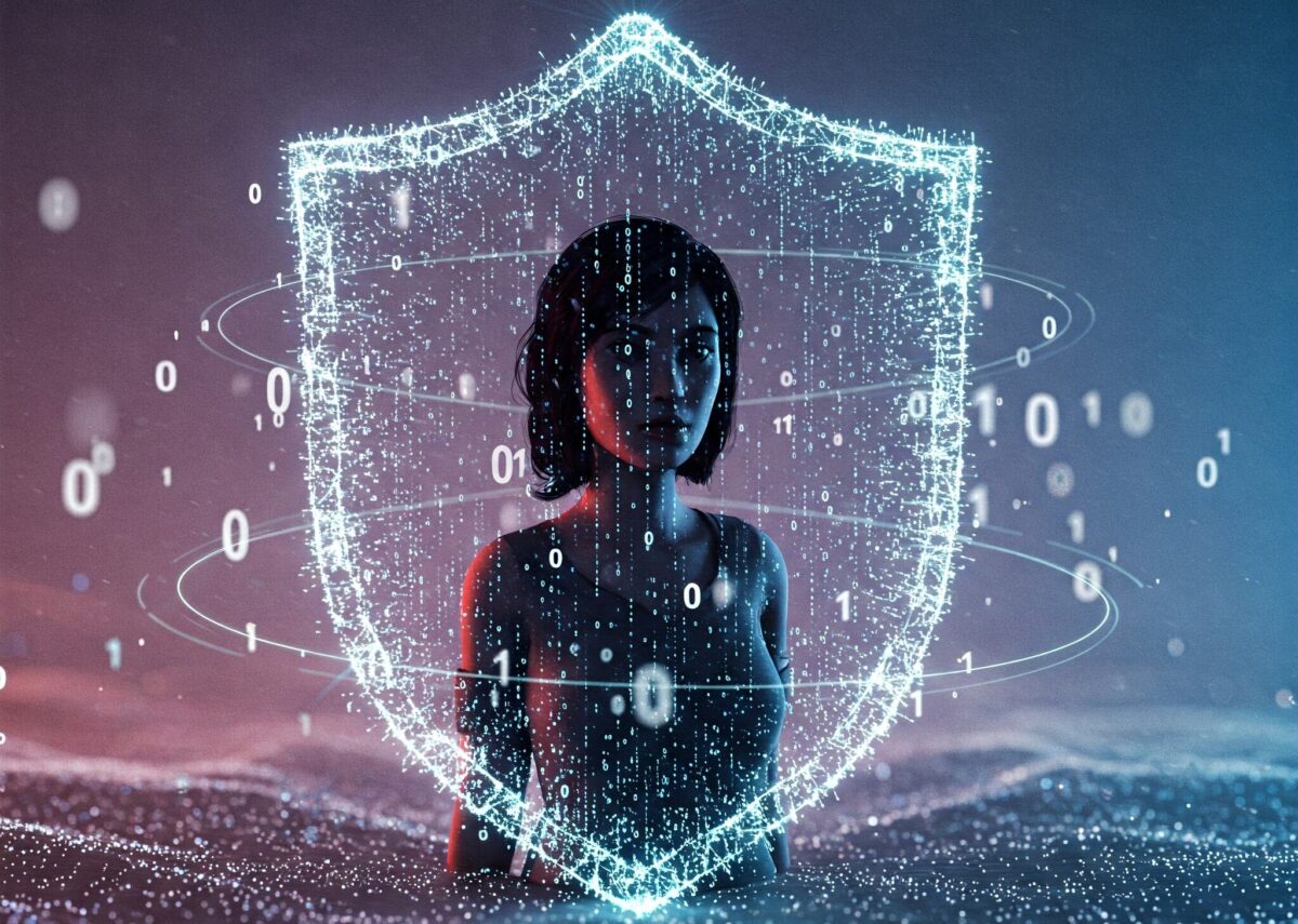 IA e privacy digitale: simboli di protezione dati e algoritmi