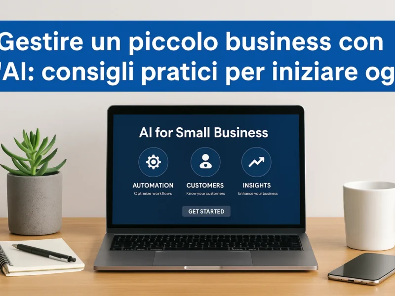 Laptop con dashboard AI per small business, testo guida “Gestire un piccolo business con l’AI”