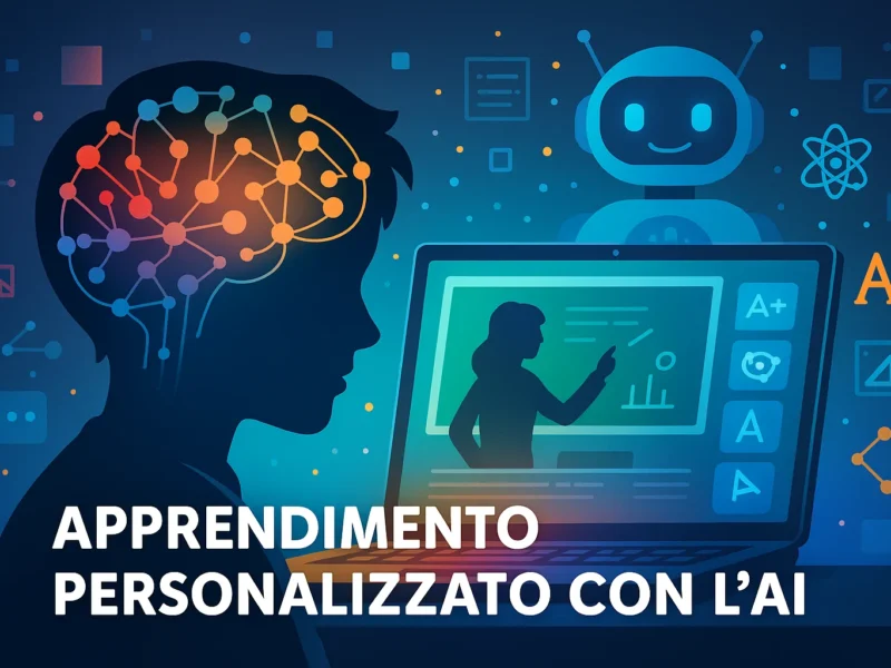 Sagoma di studente con rete neurale illuminata accanto a un laptop con insegnante virtuale e un robot educativo