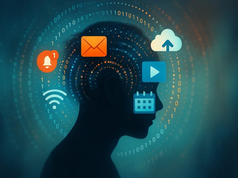Sagoma umana circondata da icone digitali e flussi di dati, simbolo della mente distratta nell’era dell’intelligenza artificiale