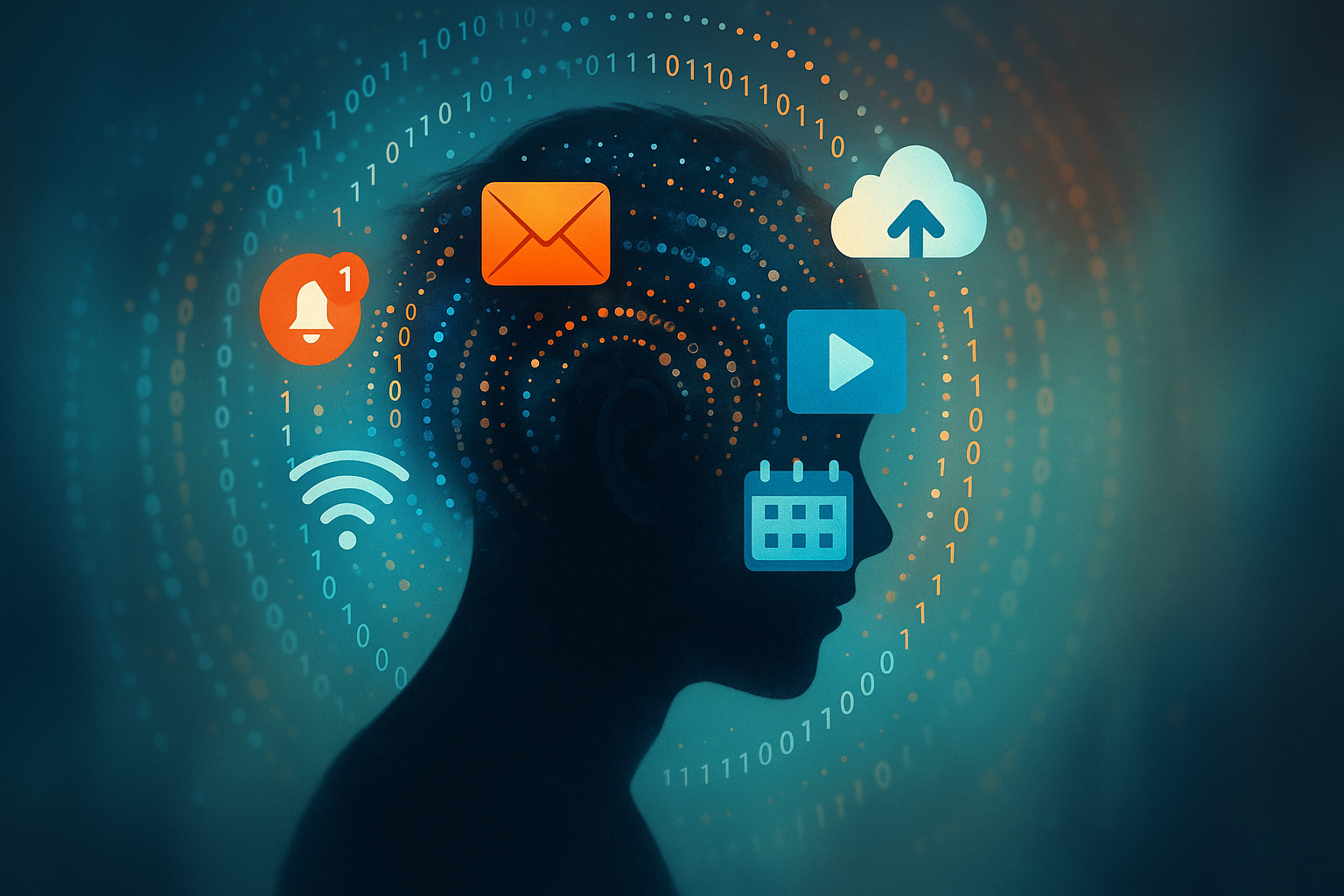 Sagoma umana circondata da icone digitali e flussi di dati, simbolo della mente distratta nell’era dell’intelligenza artificiale