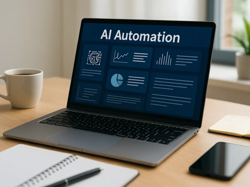 Laptop su scrivania con interfaccia AI sullo schermo, simbolo di automazione del lavoro quotidiano