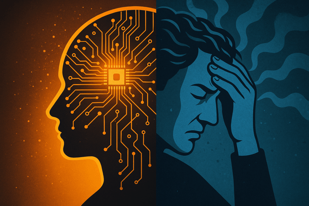 Profilo umano diviso tra cervello tecnologico illuminato e volto stanco segnato da stress, simbolo del burnout digitale