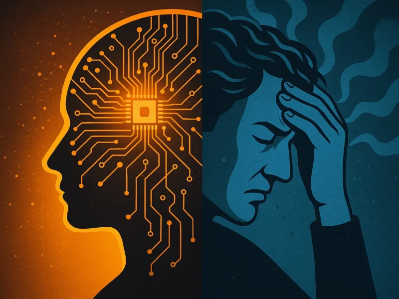 Profilo umano diviso tra cervello tecnologico illuminato e volto stanco segnato da stress, simbolo del burnout digitale