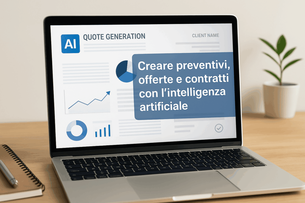 Laptop con schermata AI per generazione di preventivi, offerte e contratti, su scrivania con pianta e taccuino