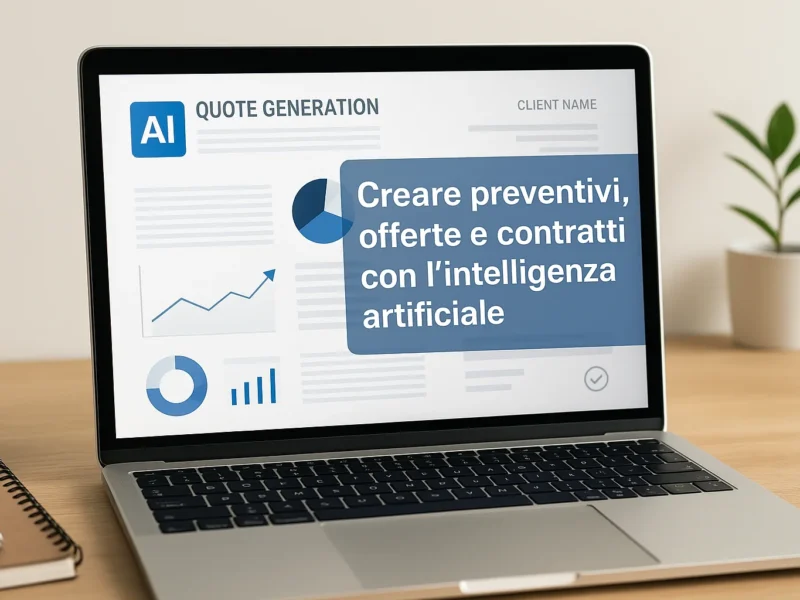 Laptop con schermata AI per generazione di preventivi, offerte e contratti, su scrivania con pianta e taccuino