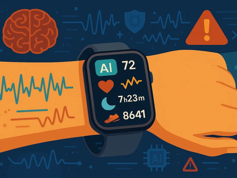 Illustrazione digitale di un polso con smartwatch che mostra dati biometrici analizzati da AI