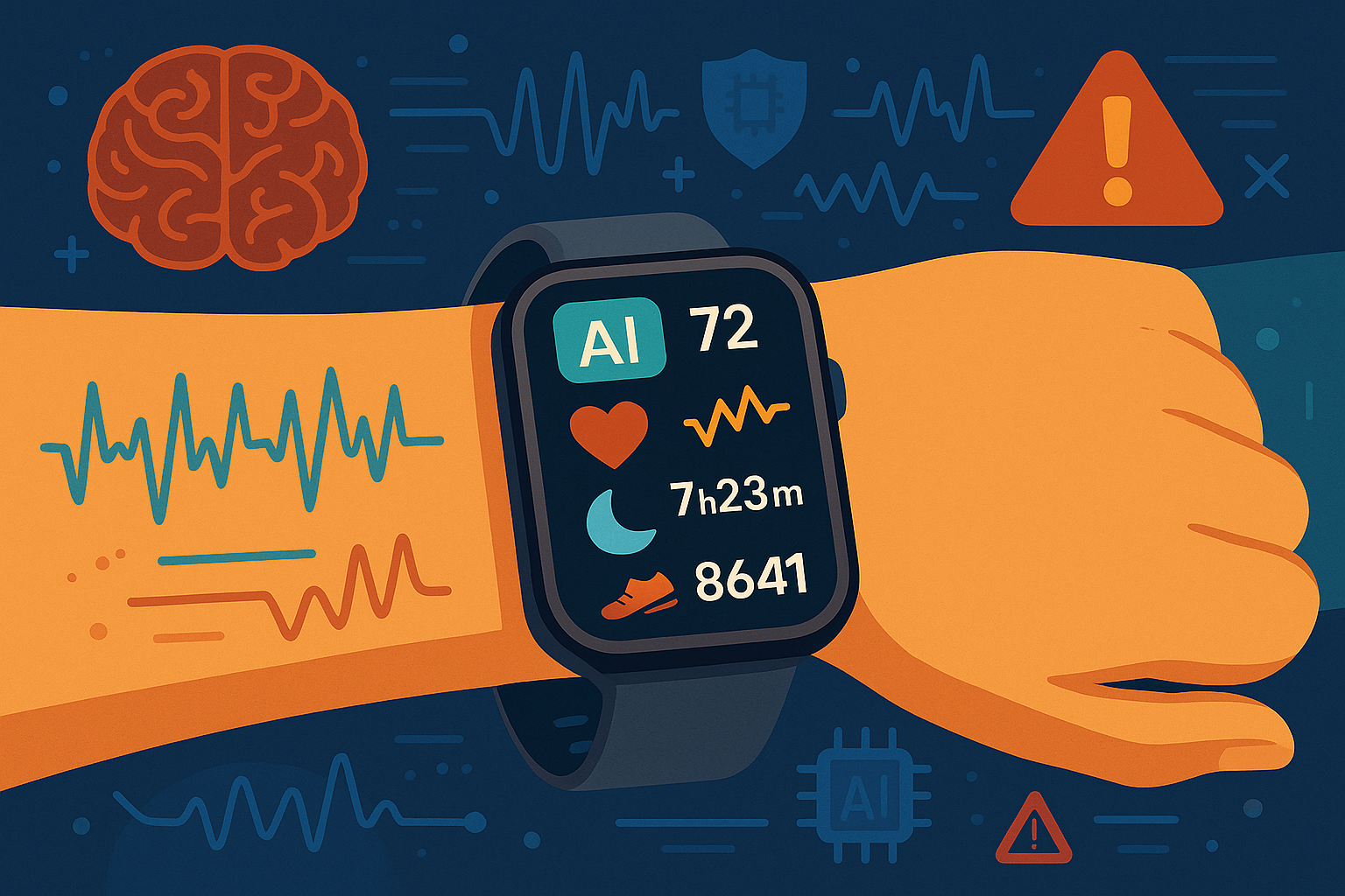 Illustrazione digitale di un polso con smartwatch che mostra dati biometrici analizzati da AI