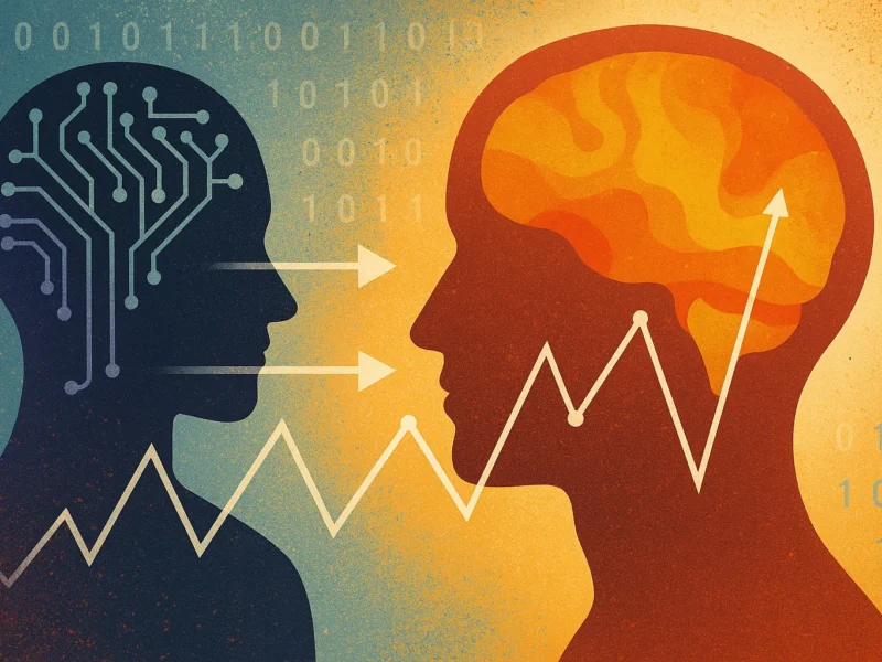 Confronto visivo tra cervello umano e rete neurale artificiale con flussi di dati e frecce direzionali