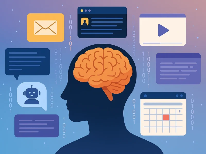 Illustrazione di un cervello circondato da finestre digitali, simbolo del sovraccarico da multitasking tecnologico