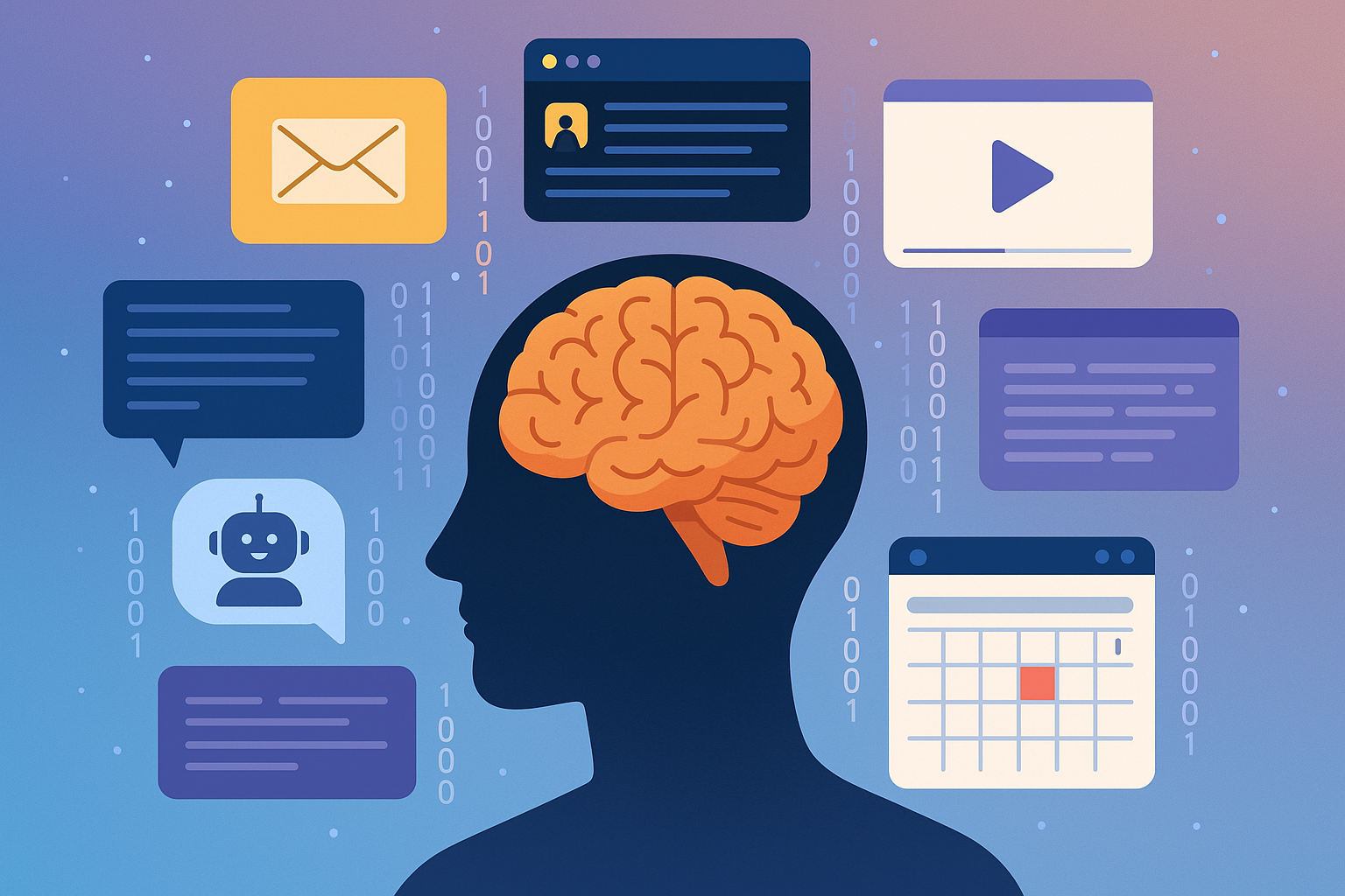 Illustrazione di un cervello circondato da finestre digitali, simbolo del sovraccarico da multitasking tecnologico