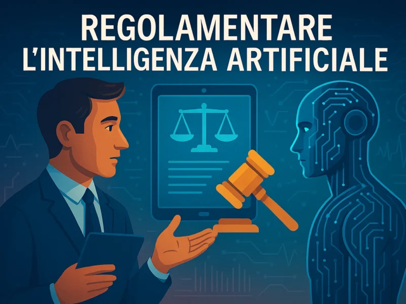 Uomo in giacca discute con un robot di fronte a icone di giustizia, simbolo della regolamentazione dell’intelligenza artificiale