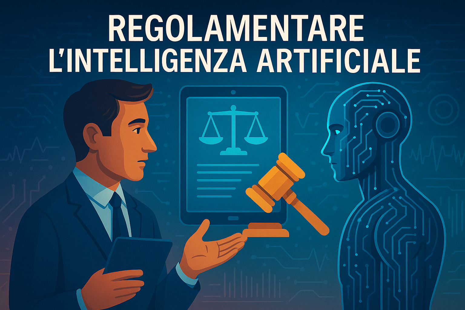 Uomo in giacca discute con un robot di fronte a icone di giustizia, simbolo della regolamentazione dell’intelligenza artificiale
