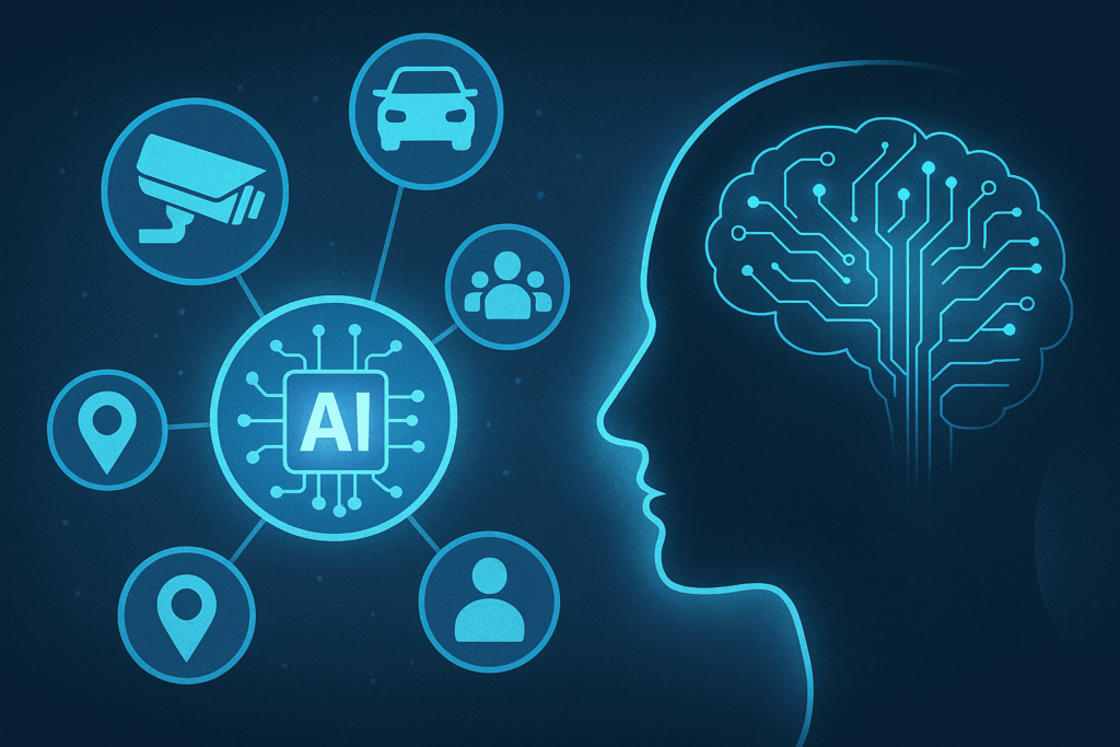 digitale di una testa umana con cervello circuitale e icone connesse a sistemi di sorveglianza e geolocalizzazione
