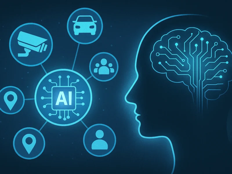 digitale di una testa umana con cervello circuitale e icone connesse a sistemi di sorveglianza e geolocalizzazione