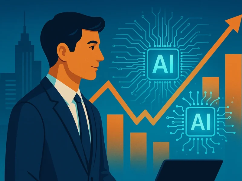Giovane imprenditore con grafico in crescita e simboli AI, simbolo delle startup che usano l’intelligenza artificiale per innovare
