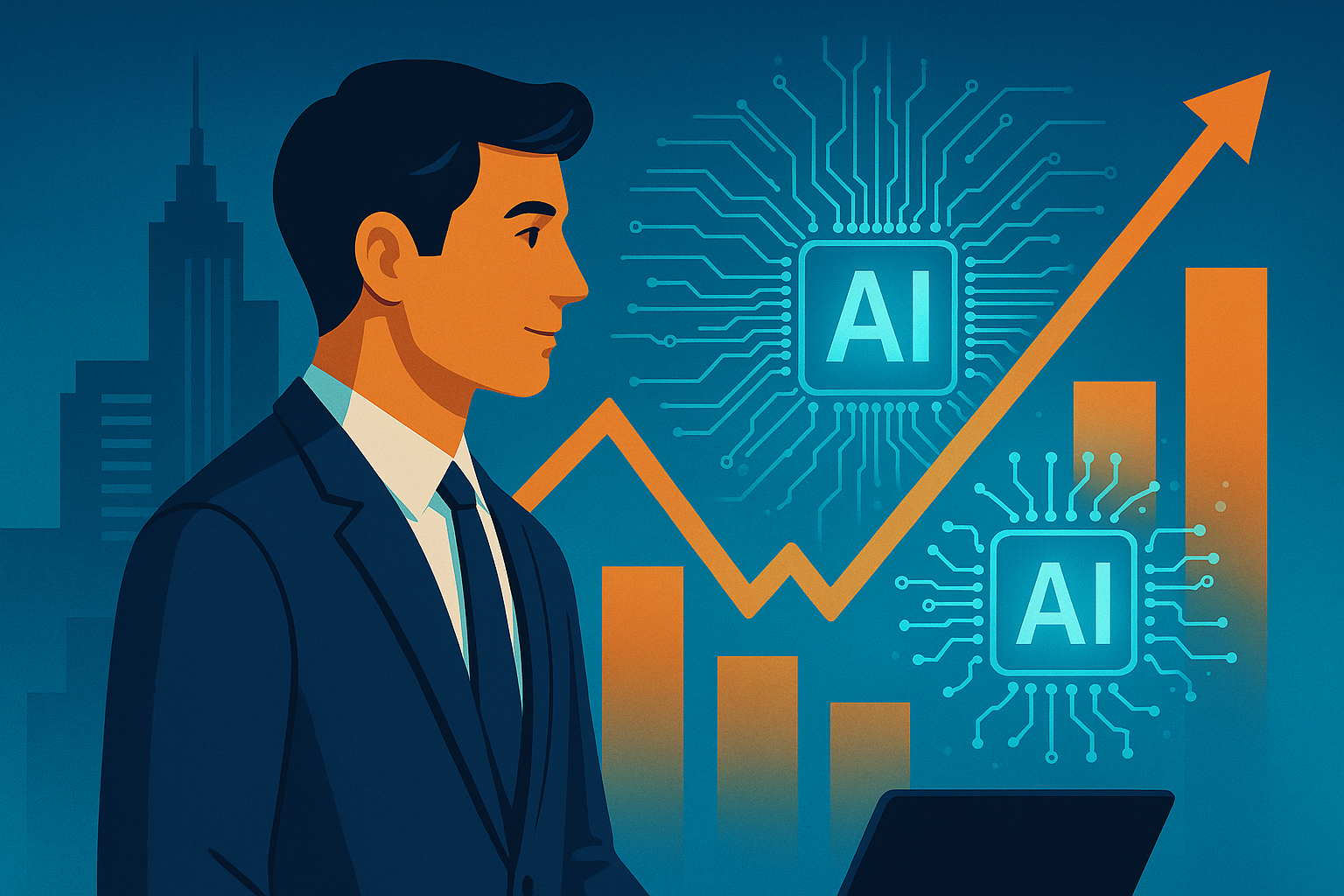 Giovane imprenditore con grafico in crescita e simboli AI, simbolo delle startup che usano l’intelligenza artificiale per innovare