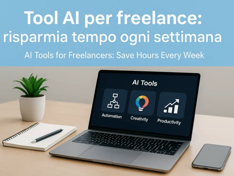 Laptop con dashboard AI su scrivania, slogan bilingue “Tool AI per freelance – AI Tools for Freelancers”