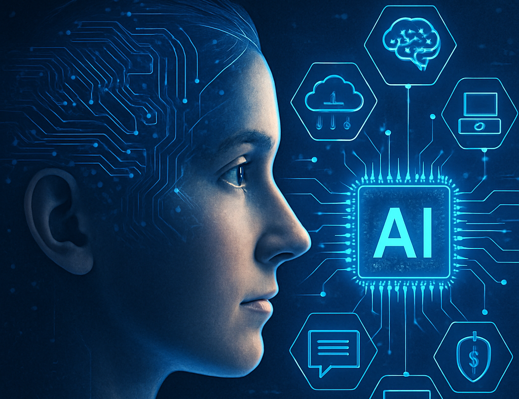 Illustrazione realistica di volto umano fuso con microchip e icone tecnologiche legate all’intelligenza artificiale