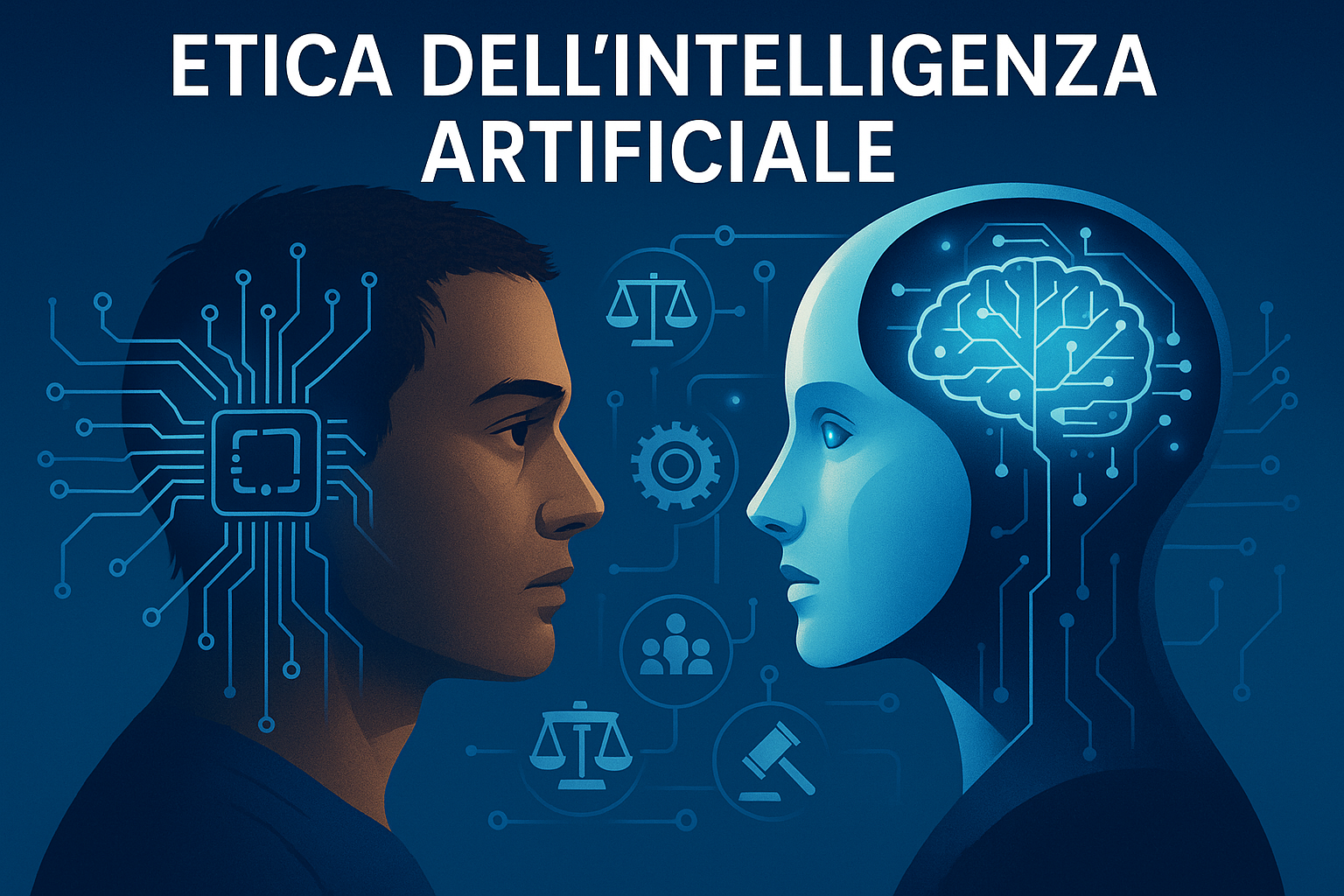 Rappresentazione di un volto umano e uno artificiale a confronto, con simboli etici e circuiti digitali