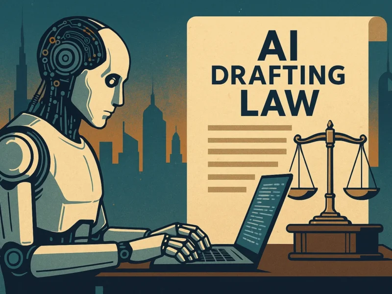 Intelligenza artificiale che scrive leggi a Dubai, con robot e bilancia della giustizia
