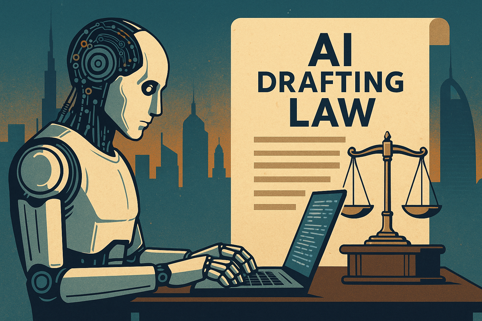 Intelligenza artificiale che scrive leggi a Dubai, con robot e bilancia della giustizia