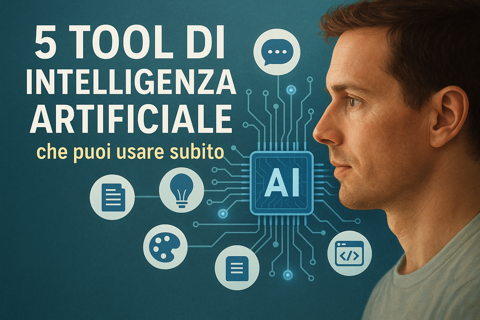 Illustrazione con uomo di profilo e icone AI rappresentanti scrittura, design e creatività