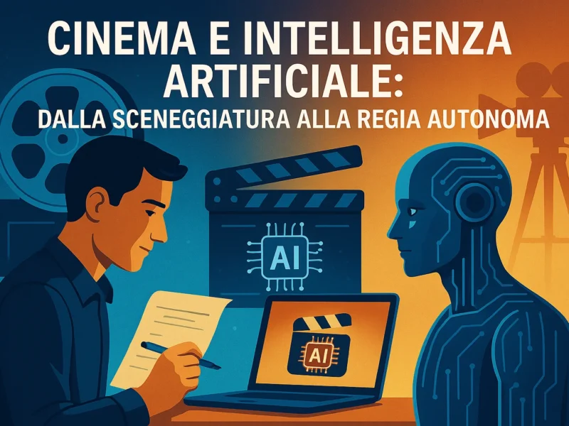 Un uomo scrive una sceneggiatura davanti a un laptop con simboli AI, mentre un robot osserva: simbolo dell’intelligenza artificiale nel cinema