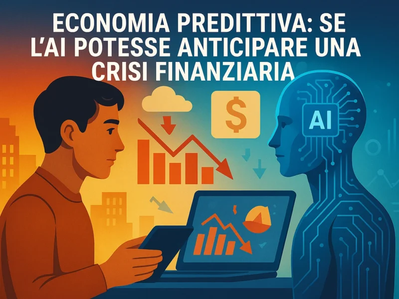 Uomo con tablet osserva figura AI con simboli economici, simbolo dell’uso dell’intelligenza artificiale nella previsione delle crisi finanziarie