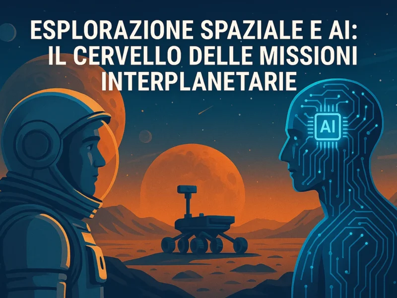 Astronauta e intelligenza artificiale si osservano su un pianeta rosso, con un rover tra loro, simbolo delle missioni interplanetarie autonome