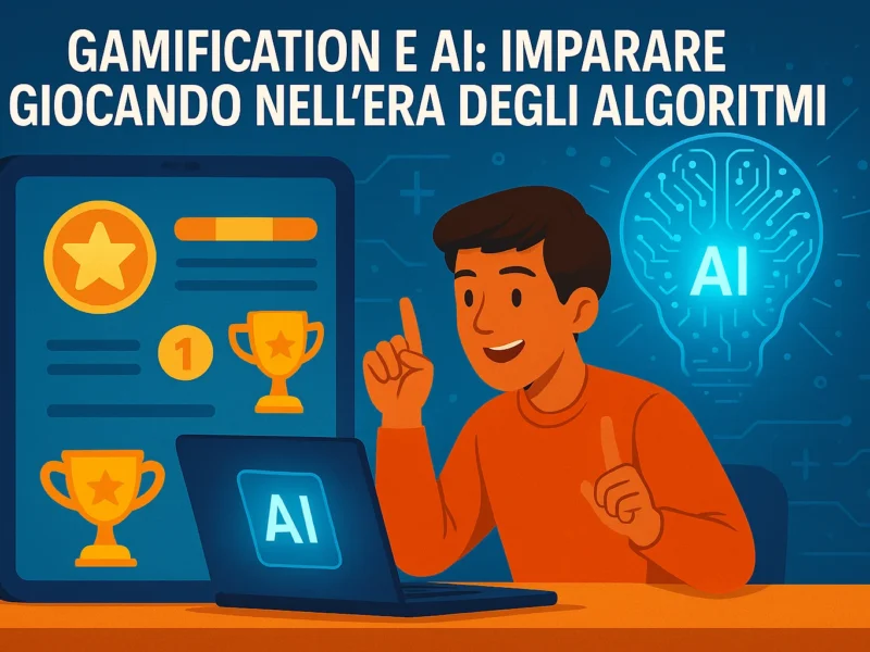 Studente con laptop AI e trofei digitali, simbolo di apprendimento gamificato con intelligenza artificiale