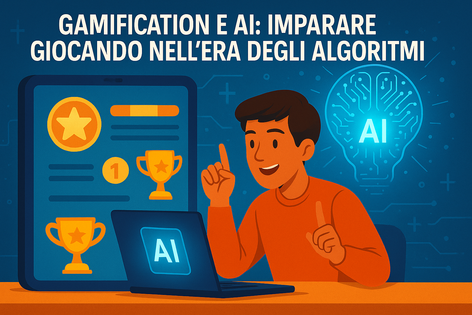Studente con laptop AI e trofei digitali, simbolo di apprendimento gamificato con intelligenza artificiale