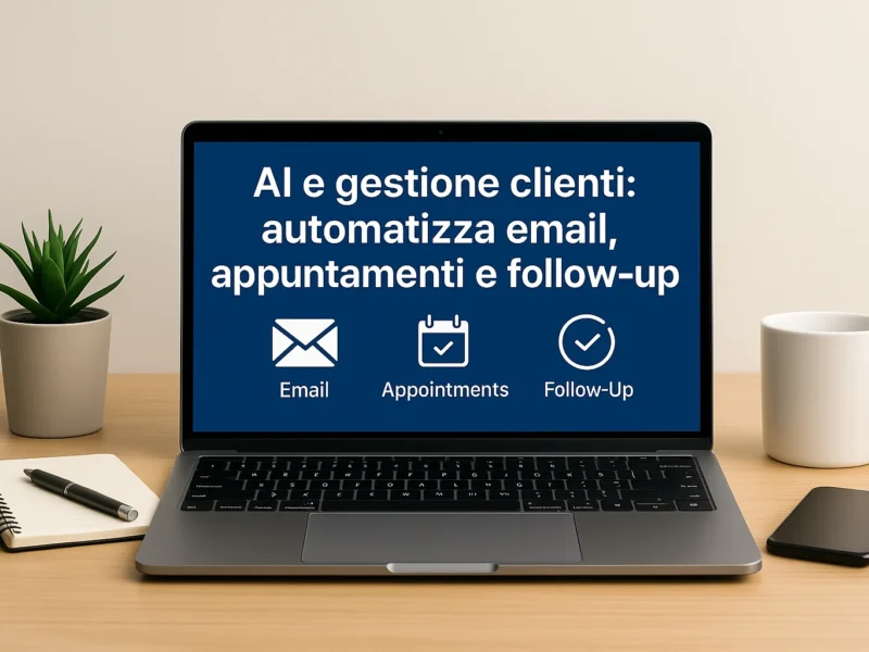 Laptop su scrivania con interfaccia AI che mostra gestione automatica di email, appuntamenti e follow-up