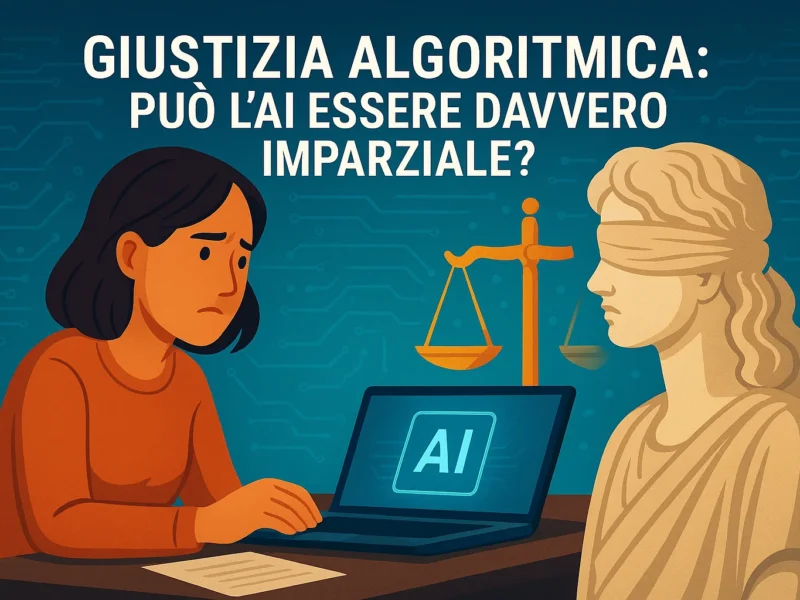 Donna davanti a laptop con AI e statua della giustizia, simbolo della riflessione sull’imparzialità dell’intelligenza artificiale nei sistemi giudiziari