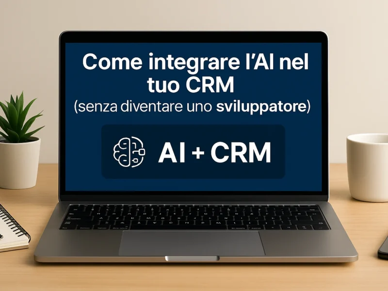 Laptop su scrivania con schermata “AI + CRM” e testo guida su come integrare l’intelligenza artificiale nel CRM